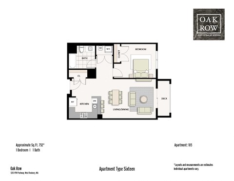 Floor plan for 1 bed, 1 bath, 752 sqft